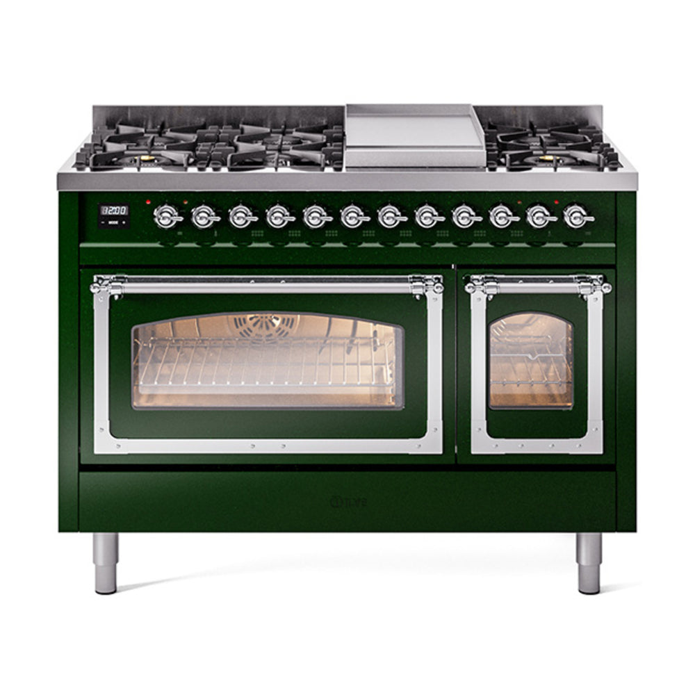 ILVE Nostalgie II Noblesse 48-Inch Dual Fuel Freestanding Range in Emerald Green with Chrome Trim (UN48FNMPEGCLP)