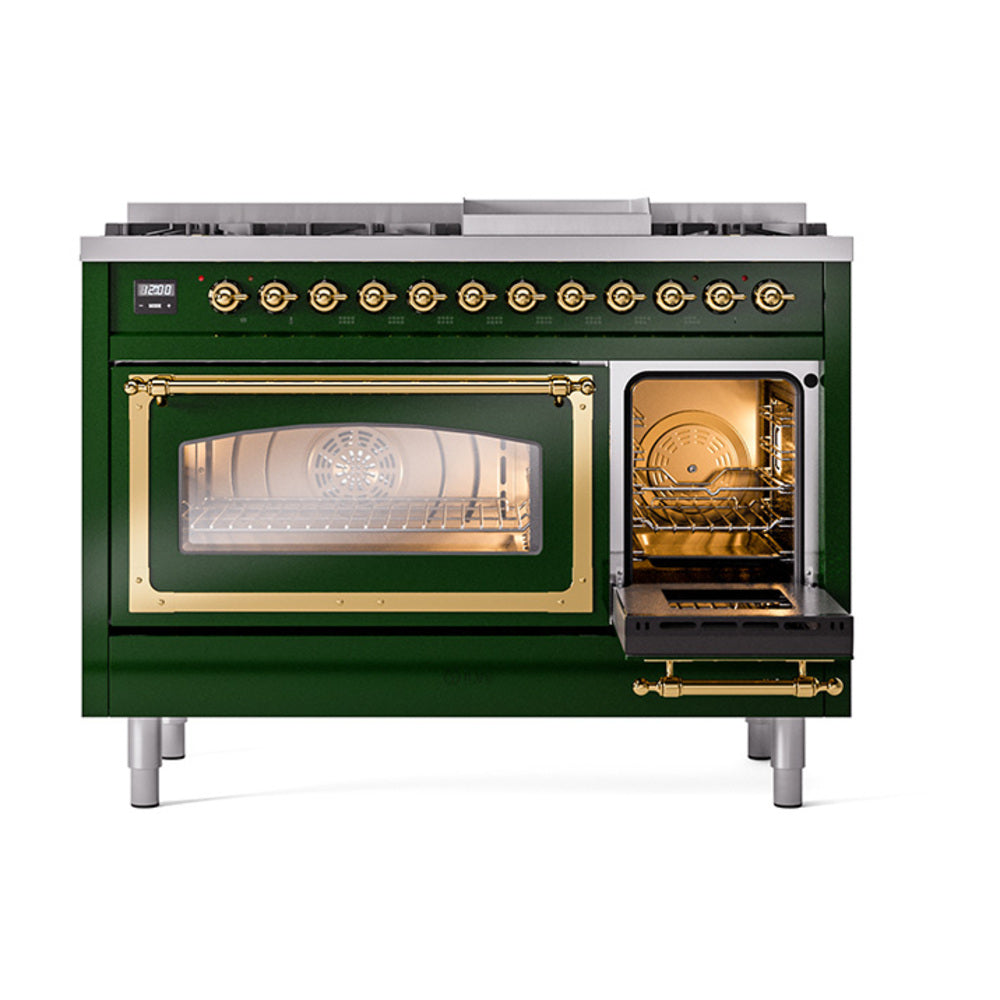ILVE Nostalgie II Noblesse 48-Inch Dual Fuel Freestanding Range in Emerald Green with Brass Trim (UN48FNMPEGGLP)