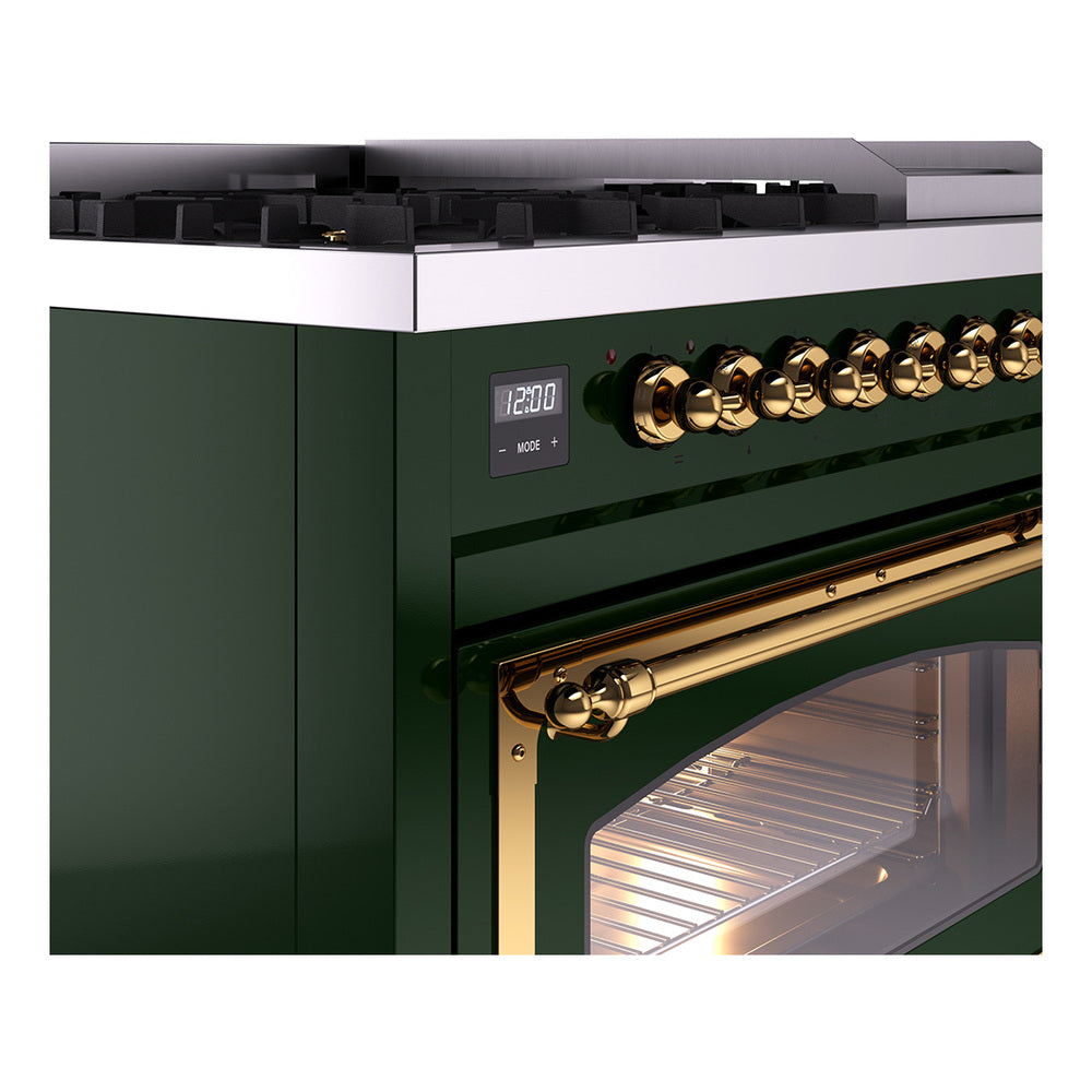 ILVE Nostalgie II Noblesse 48-Inch Freestanding Natural Gas Dual Fuel Range in Emerald Green with Brass Trim (UN48FNMPEGG)
