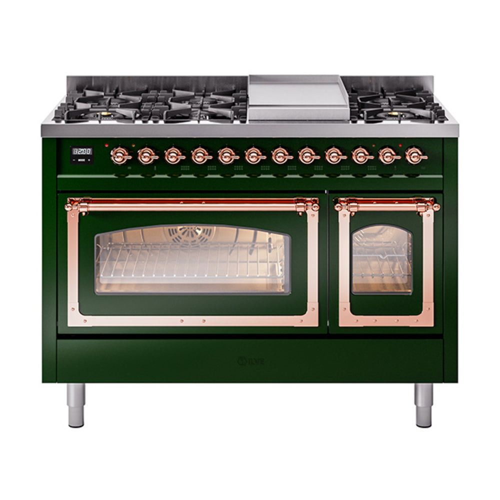 ILVE Nostalgie II Noblesse 48-Inch Freestanding Natural Gas Dual Fuel Range in Emerald Green with Copper Trim (UN48FNMPEGP)