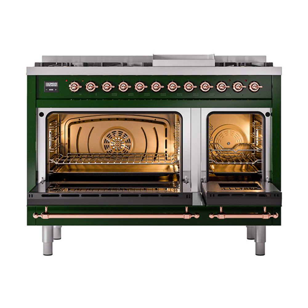 ILVE Nostalgie II Noblesse 48-Inch Dual Fuel Freestanding Range in Emerald Green with Copper Trim (UN48FNMPEGPLP)