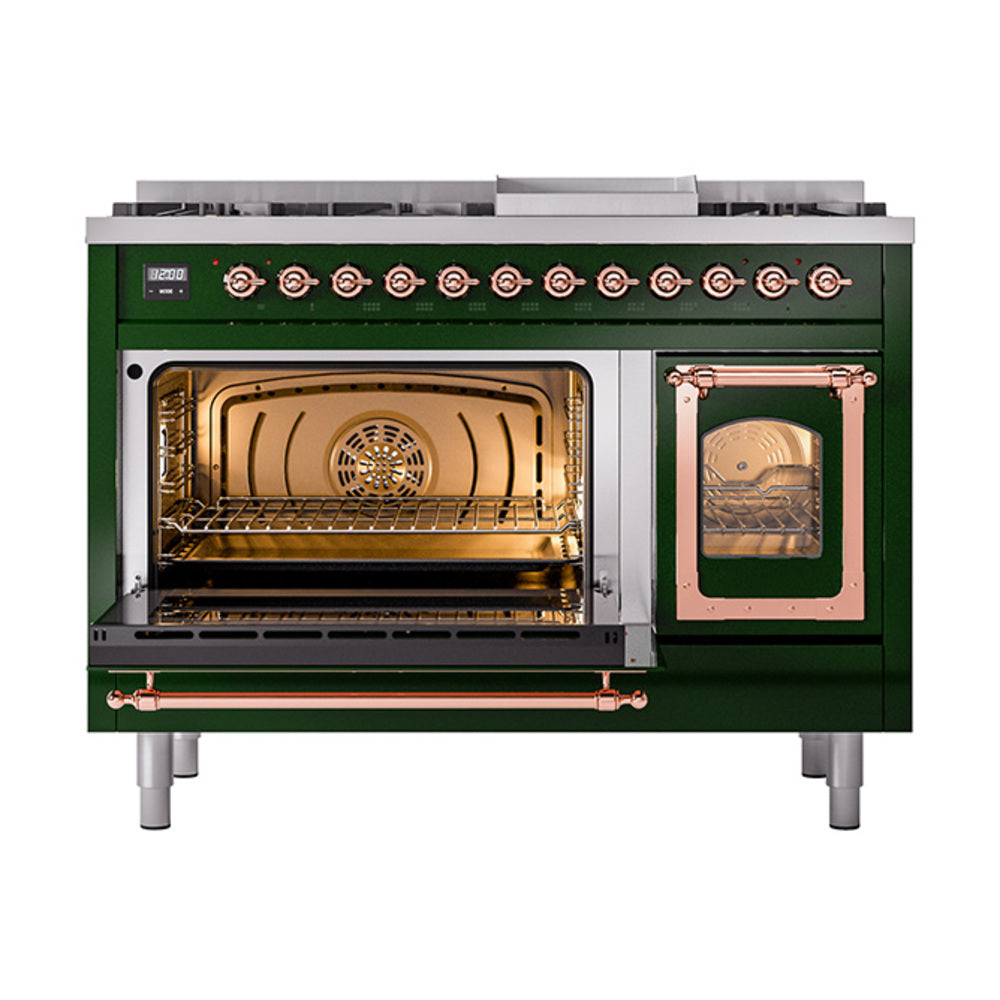 ILVE Nostalgie II Noblesse 48-Inch Dual Fuel Freestanding Range in Emerald Green with Copper Trim (UN48FNMPEGPLP)