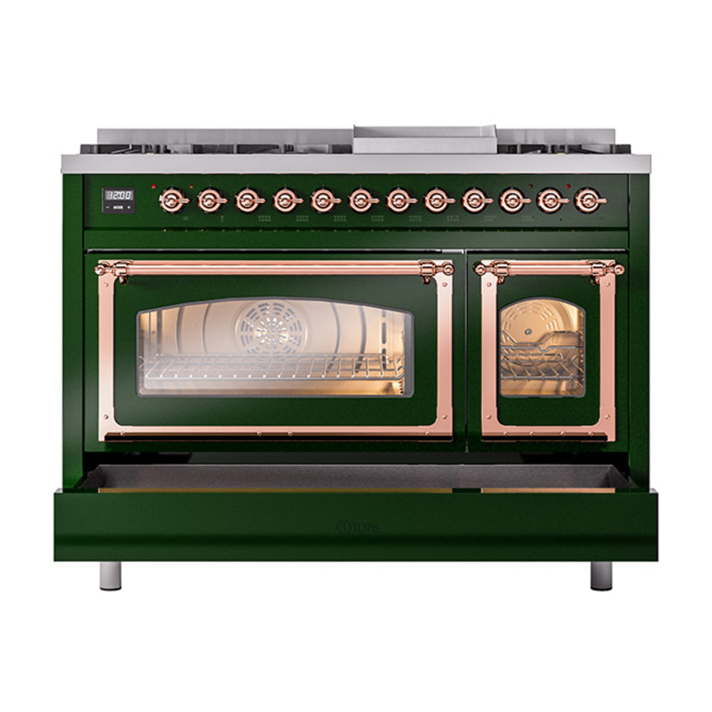 ILVE Nostalgie II Noblesse 48-Inch Dual Fuel Freestanding Range in Emerald Green with Copper Trim (UN48FNMPEGPLP)