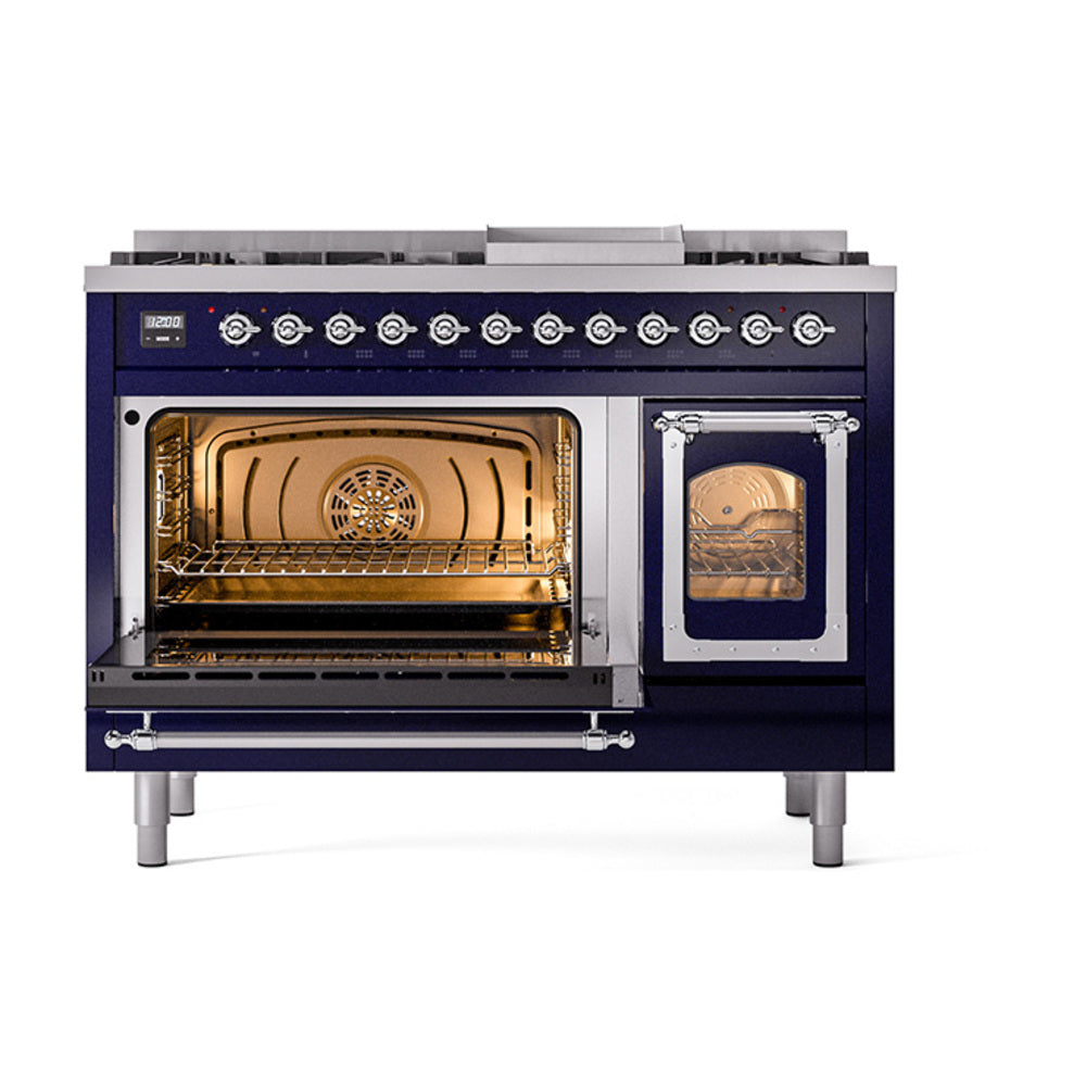 ILVE Nostalgie II Noblesse 48-Inch Dual Fuel Freestanding Range in Midnight Blue with Chrome Trim (UN48FNMPMBCLP)