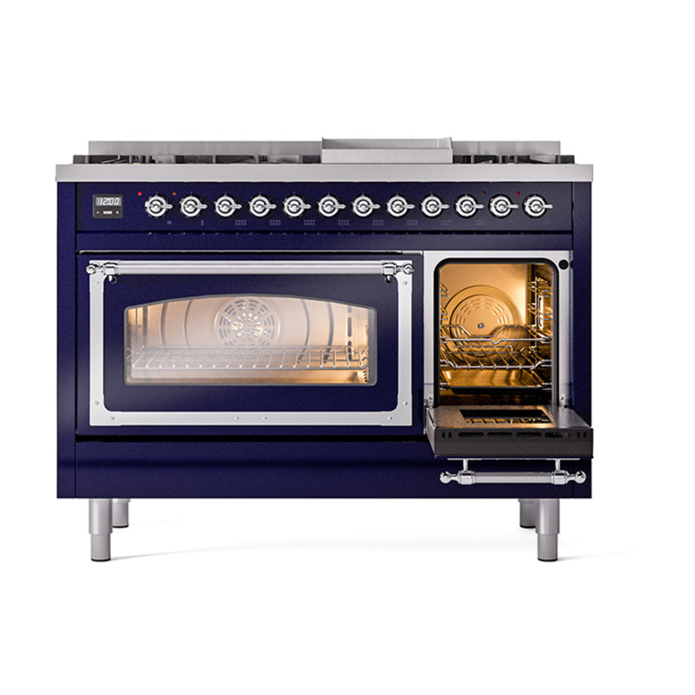 ILVE Nostalgie II Noblesse 48-Inch Dual Fuel Freestanding Range in Midnight Blue with Chrome Trim (UN48FNMPMBCLP)
