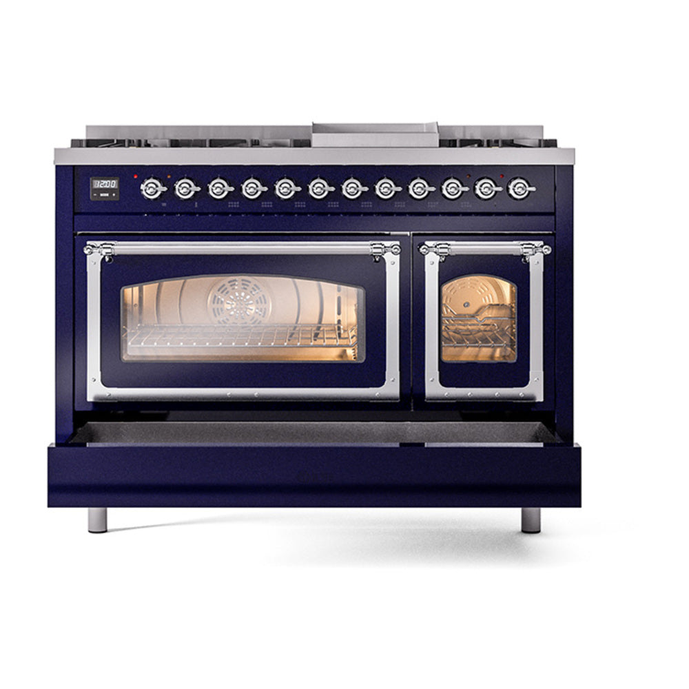 ILVE Nostalgie II Noblesse 48-Inch Dual Fuel Freestanding Range in Midnight Blue with Chrome Trim (UN48FNMPMBCLP)