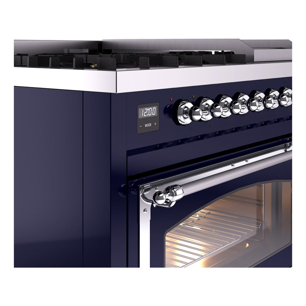 ILVE Nostalgie II Noblesse 48-Inch Dual Fuel Freestanding Range in Midnight Blue with Chrome Trim (UN48FNMPMBCLP)