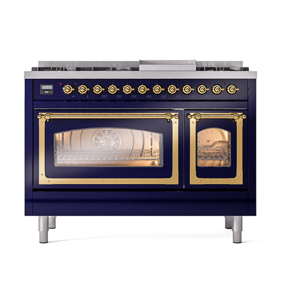 ILVE Nostalgie II Noblesse 48-Inch Dual Fuel Freestanding Range in Midnight Blue with Brass Trim (UN48FNMPMBGLP)