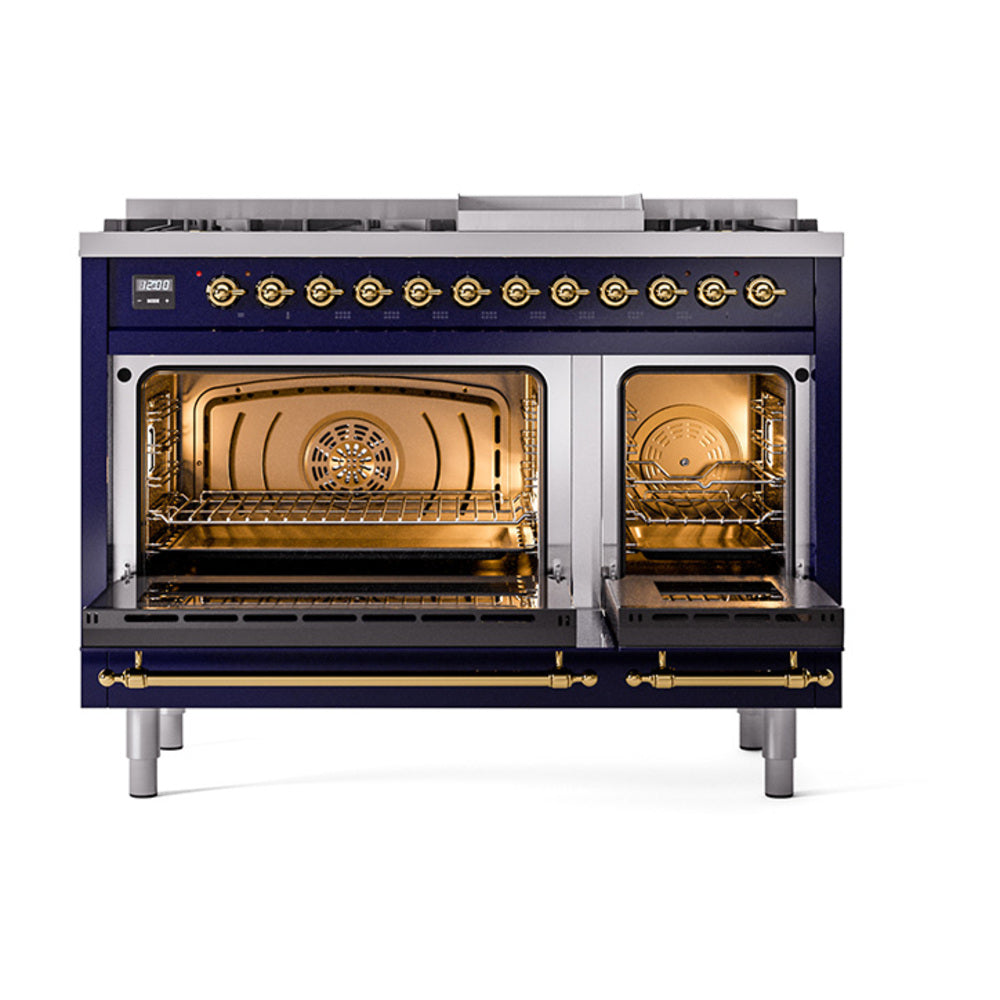 ILVE Nostalgie II Noblesse 48-Inch Dual Fuel Freestanding Range in Midnight Blue with Brass Trim (UN48FNMPMBGLP)