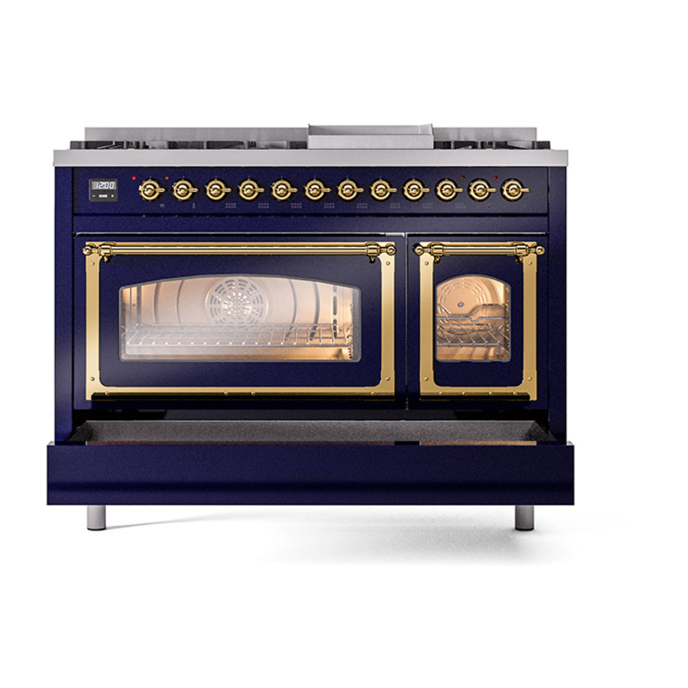 ILVE Nostalgie II Noblesse 48-Inch Dual Fuel Freestanding Range in Midnight Blue with Brass Trim (UN48FNMPMBGLP)