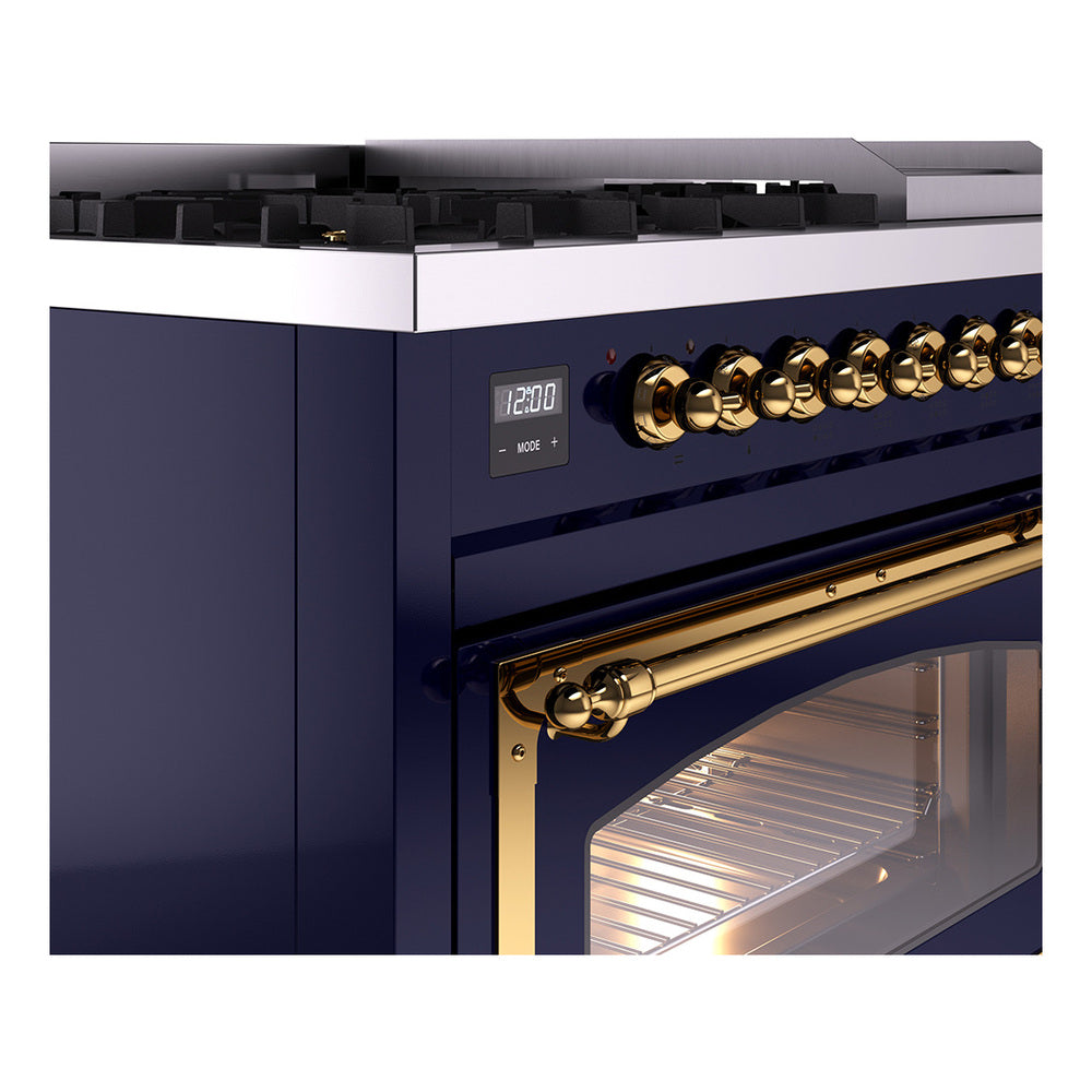 ILVE Nostalgie II Noblesse 48-Inch Dual Fuel Freestanding Range in Midnight Blue with Brass Trim (UN48FNMPMBGLP)