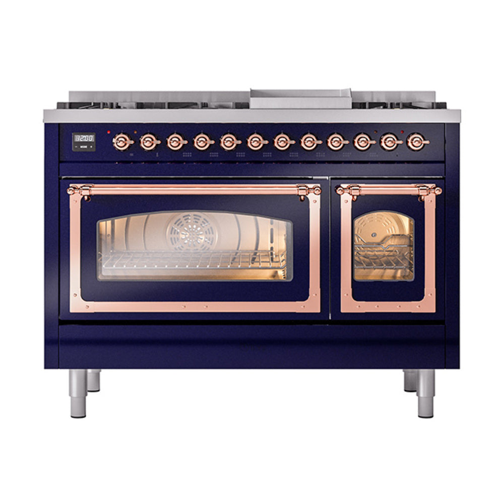 ILVE Nostalgie II Noblesse 48-Inch Dual Fuel Freestanding Range in Midnight Blue with Copper Trim (UN48FNMPMBPLP)