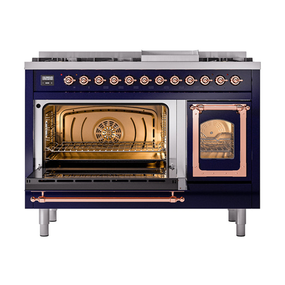 ILVE Nostalgie II Noblesse 48-Inch Dual Fuel Freestanding Range in Midnight Blue with Copper Trim (UN48FNMPMBPLP)