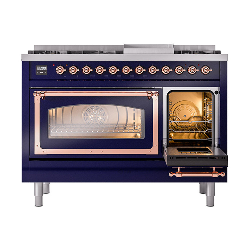 ILVE Nostalgie II Noblesse 48-Inch Dual Fuel Freestanding Range in Midnight Blue with Copper Trim (UN48FNMPMBPLP)