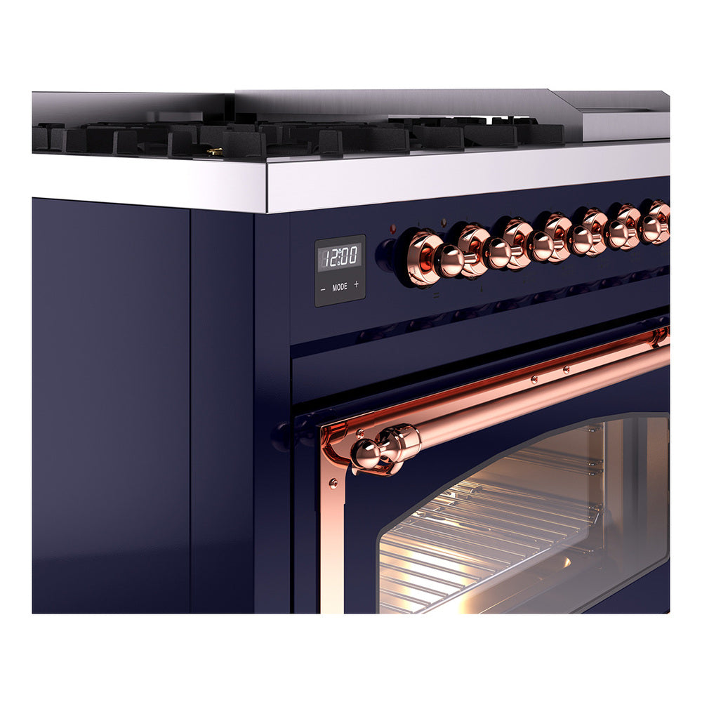 ILVE Nostalgie II Noblesse 48-Inch Dual Fuel Freestanding Range in Midnight Blue with Copper Trim (UN48FNMPMBPLP)