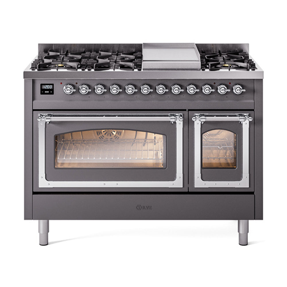 ILVE Nostalgie II Noblesse 48-Inch Freestanding Natural Gas Dual Fuel Range, Matte Graphite with Chrome Trim (UN48FNMPMGC)