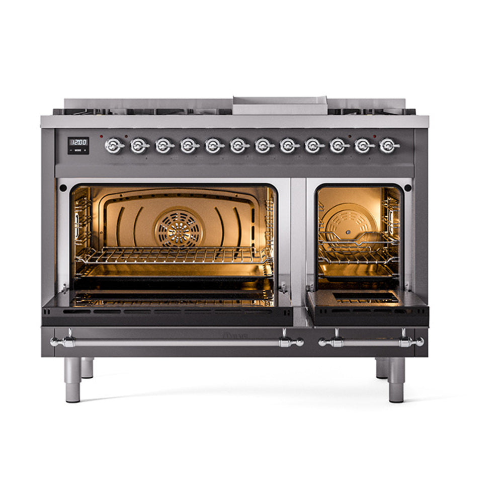 ILVE Nostalgie II Noblesse 48-Inch Dual Fuel Freestanding Range in Matte Graphite with Chrome Trim (UN48FNMPMGCLP)