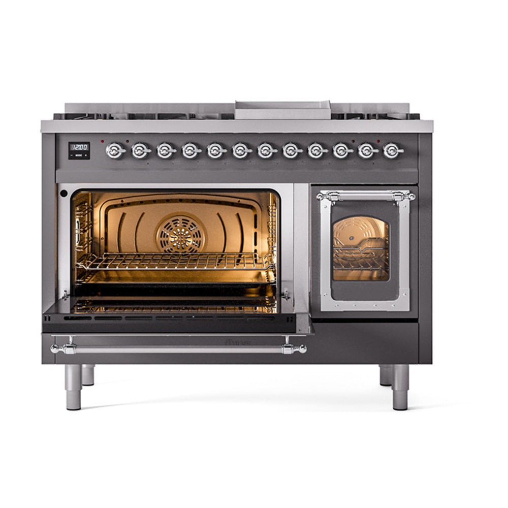 ILVE Nostalgie II Noblesse 48-Inch Dual Fuel Freestanding Range in Matte Graphite with Chrome Trim (UN48FNMPMGCLP)