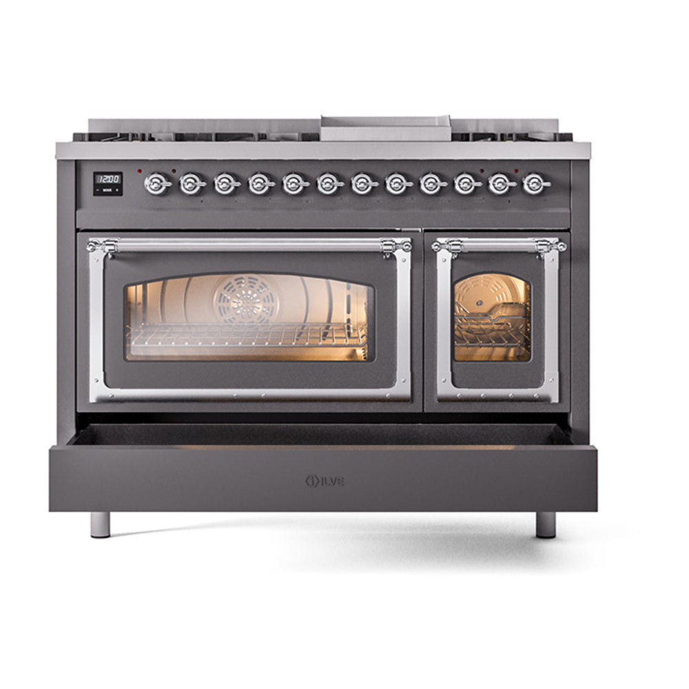 ILVE Nostalgie II Noblesse 48-Inch Dual Fuel Freestanding Range in Matte Graphite with Chrome Trim (UN48FNMPMGCLP)