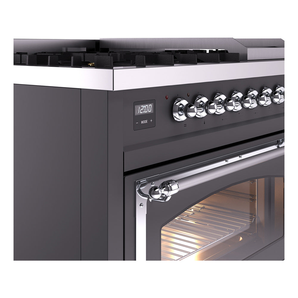 ILVE Nostalgie II Noblesse 48-Inch Dual Fuel Freestanding Range in Matte Graphite with Chrome Trim (UN48FNMPMGCLP)