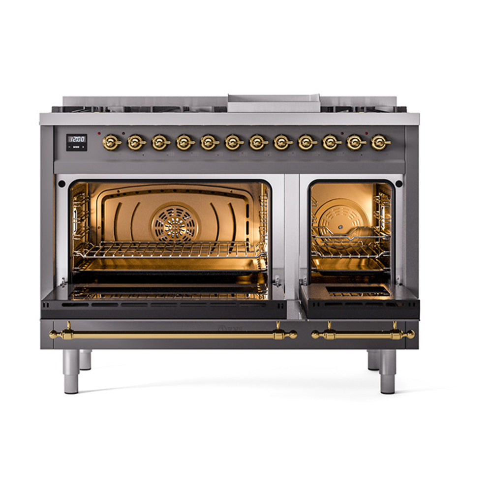 ILVE Nostalgie II Noblesse 48-Inch Dual Fuel Freestanding Range in Matte Graphite with Brass Trim (UN48FNMPMGGLP)
