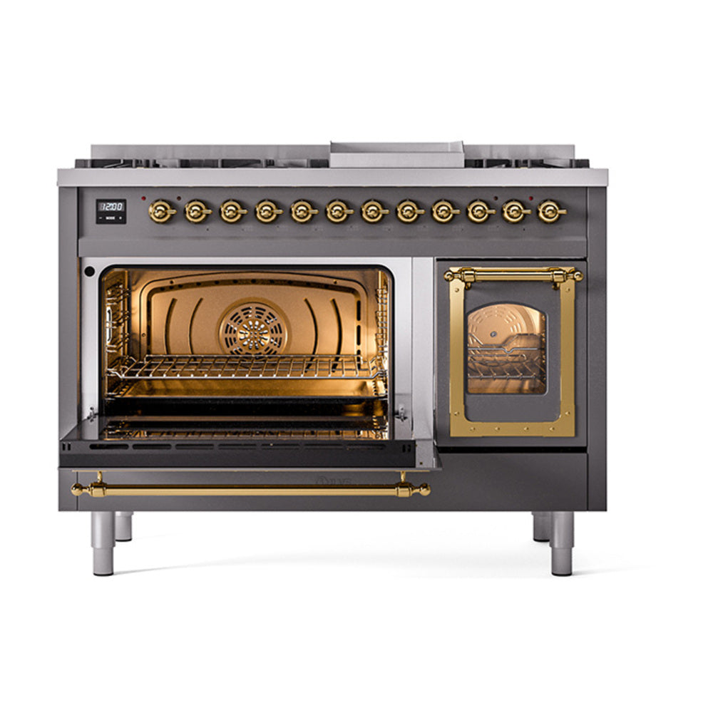 ILVE Nostalgie II Noblesse 48-Inch Dual Fuel Freestanding Range in Matte Graphite with Brass Trim (UN48FNMPMGGLP)