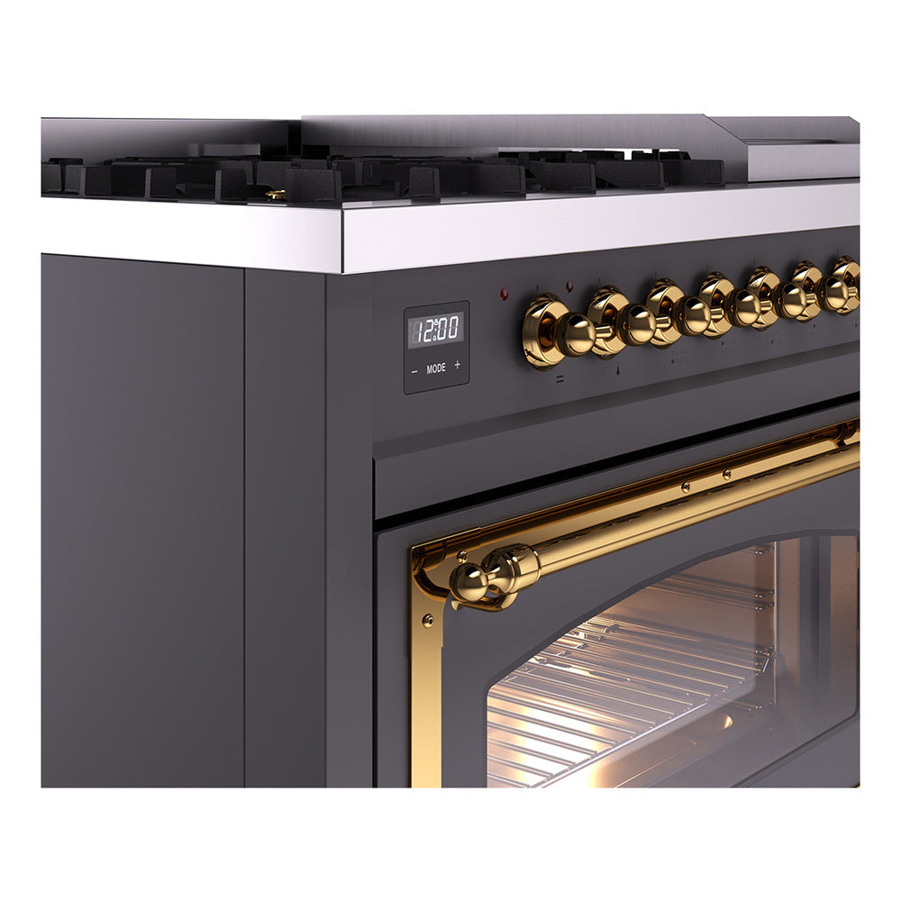 ILVE Nostalgie II Noblesse 48-Inch Dual Fuel Freestanding Range in Matte Graphite with Brass Trim (UN48FNMPMGGLP)