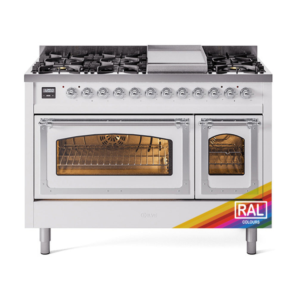 ILVE Nostalgie II Noblesse 48-Inch Freestanding Natural Gas Dual Fuel Range in Custom RAL with Chrome Trim (UN48FNMPRAC)