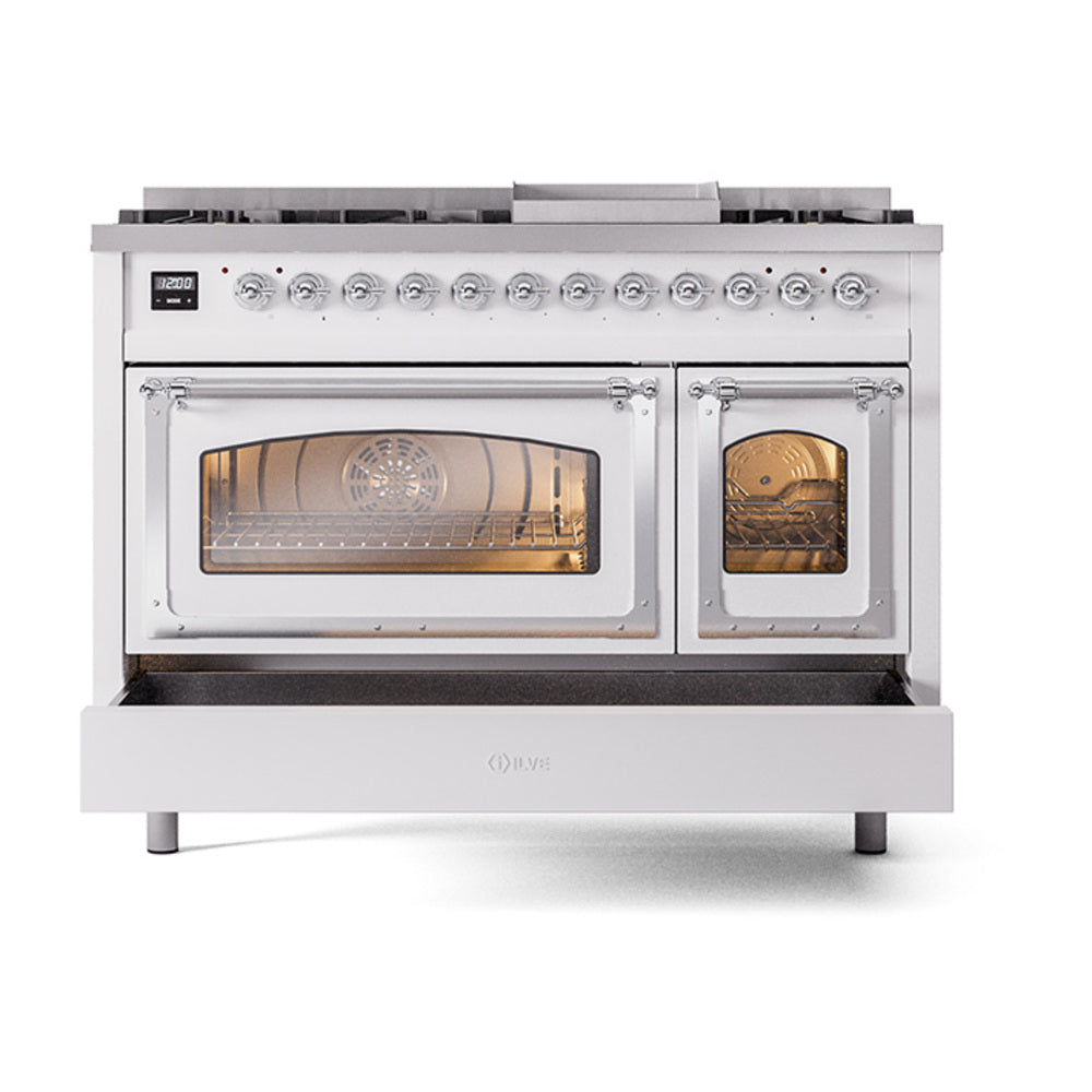 ILVE Nostalgie II Noblesse 48-Inch Freestanding Natural Gas Dual Fuel Range in Custom RAL with Chrome Trim (UN48FNMPRAC)