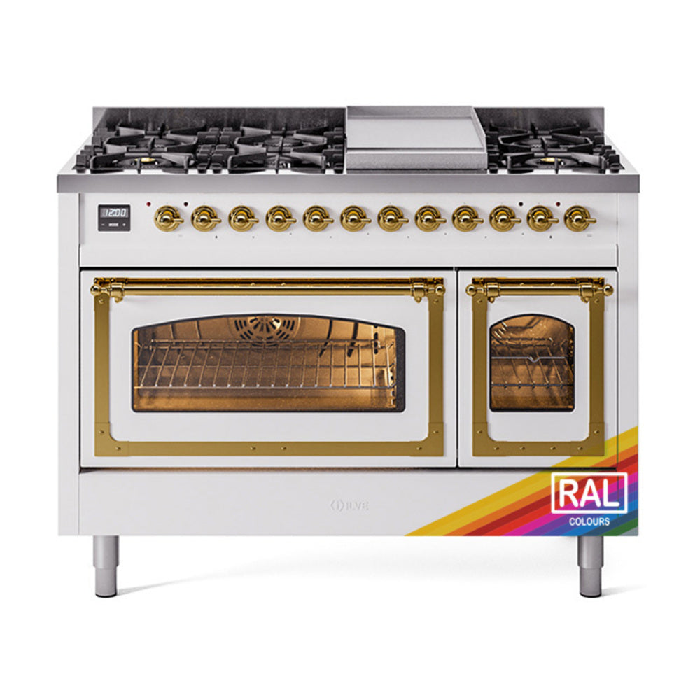 ILVE Nostalgie II Noblesse 48-Inch Dual Fuel Freestanding Range in RAL with Brass Trim (UN48FNMPRAGLP)