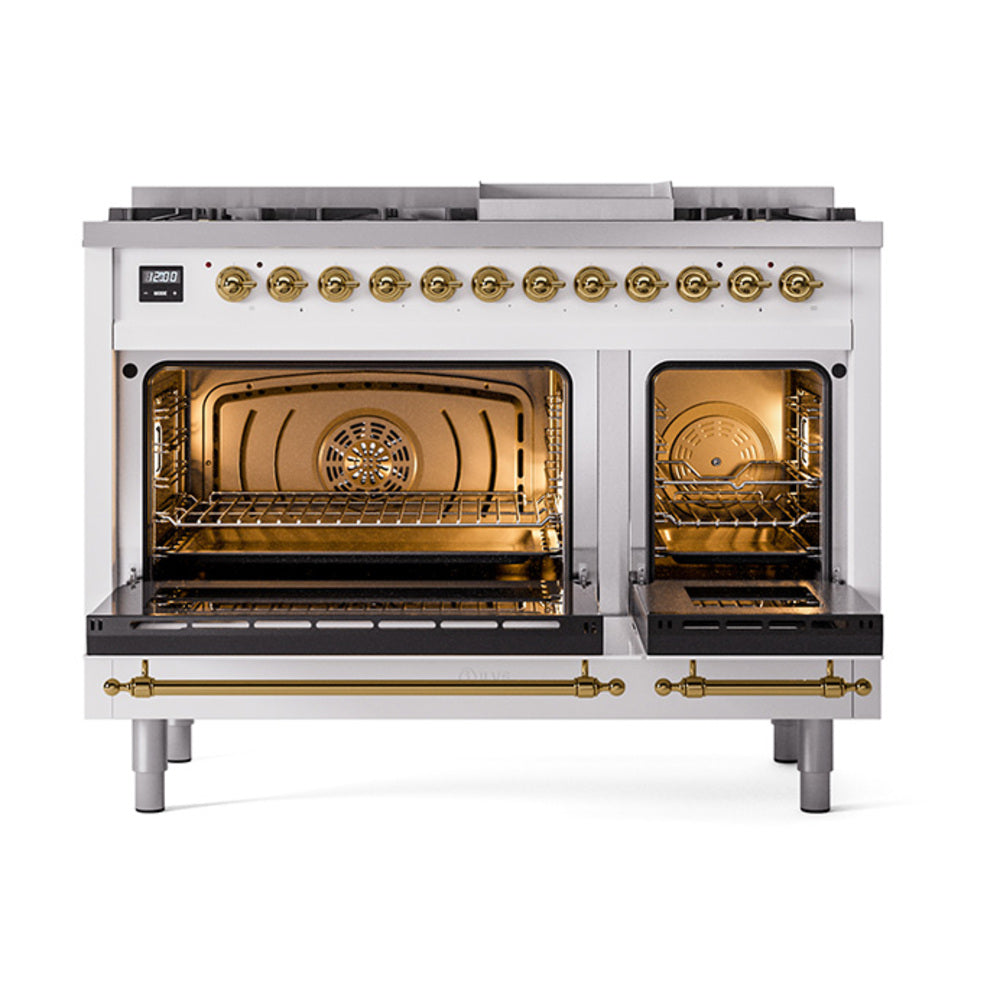 ILVE Nostalgie II Noblesse 48-Inch Freestanding Natural Gas Dual Fuel Range in RAL with Brass Trim (UN48FNMPRAG)