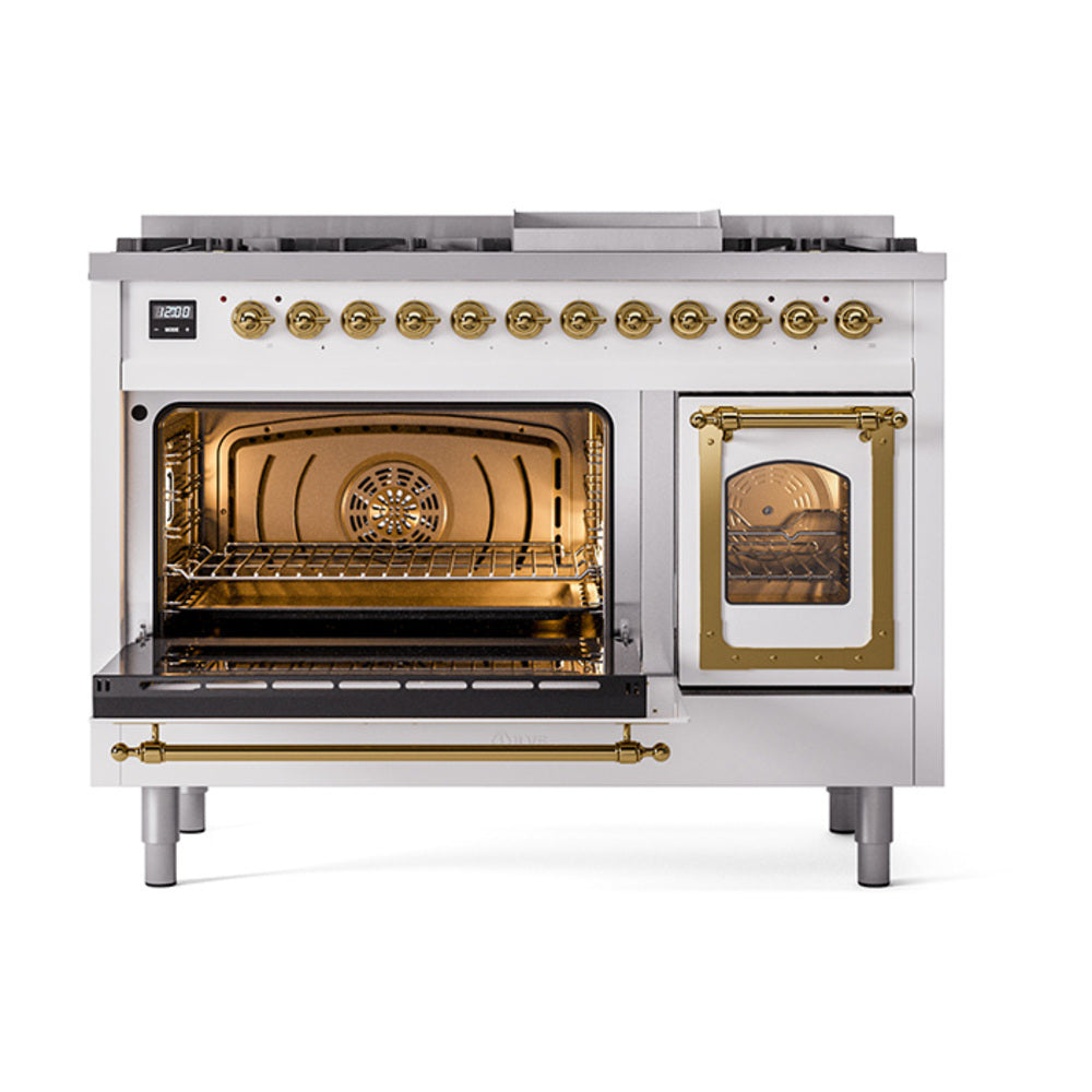 ILVE Nostalgie II Noblesse 48-Inch Freestanding Natural Gas Dual Fuel Range in RAL with Brass Trim (UN48FNMPRAG)