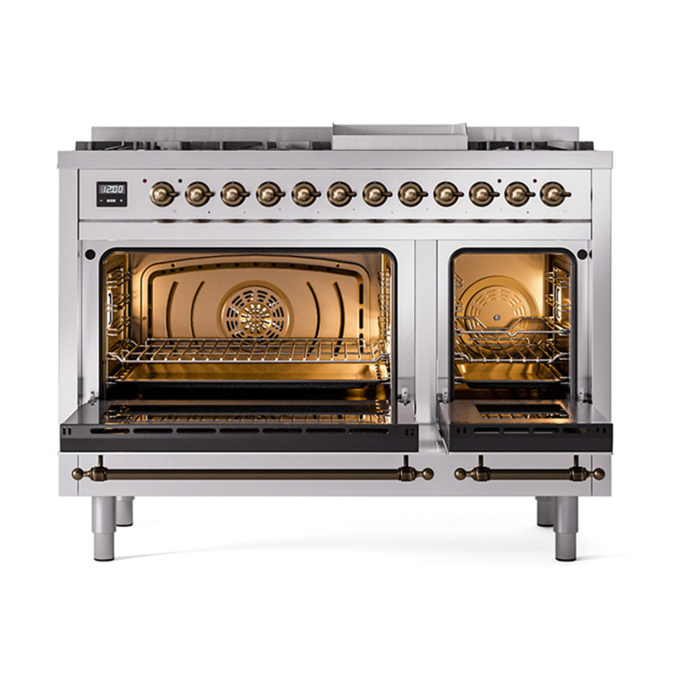 ILVE Nostalgie II Noblesse 48-Inch Freestanding Natural Gas Dual Fuel Range in Stainless Steel with Burnished Bronze Trim (UN48FNMPSSB)