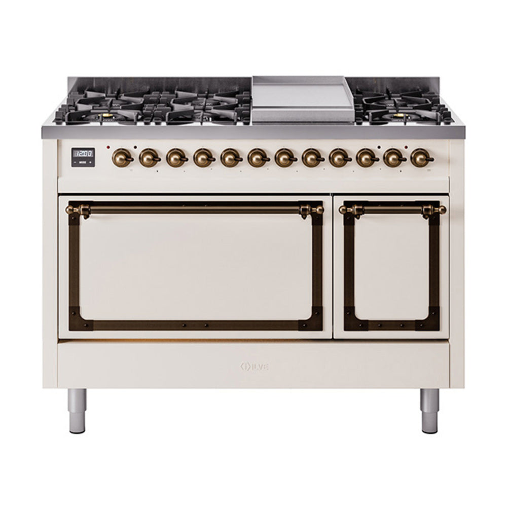 ILVE Nostalgie II Noblesse 48-Inch Freestanding Natural Gas Dual Fuel Range with Solid Door Oven in Antique White with Burnished Bronze Trim (UN48FQNMPAWB)