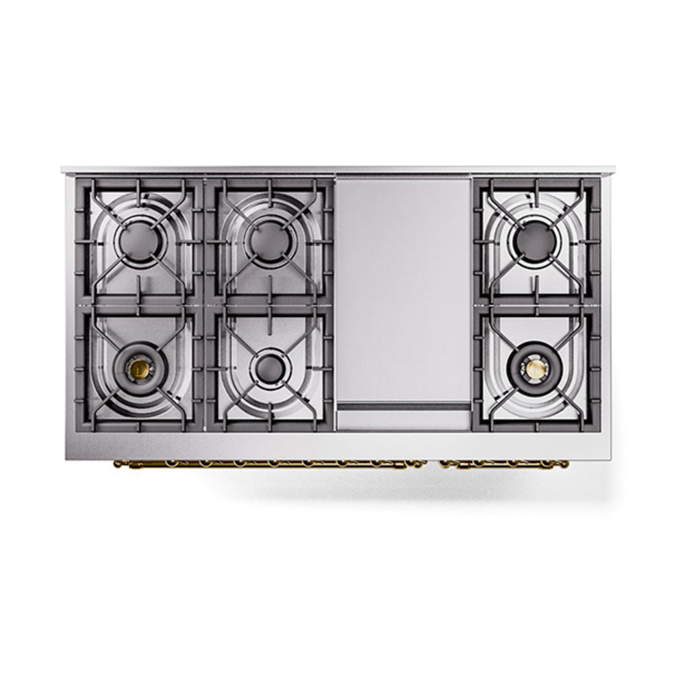 ILVE Nostalgie II Noblesse 48-Inch Dual Fuel Freestanding Range with Solid Door Oven in Antique White with Brass Trim (UN48FQNMPAWGLP)