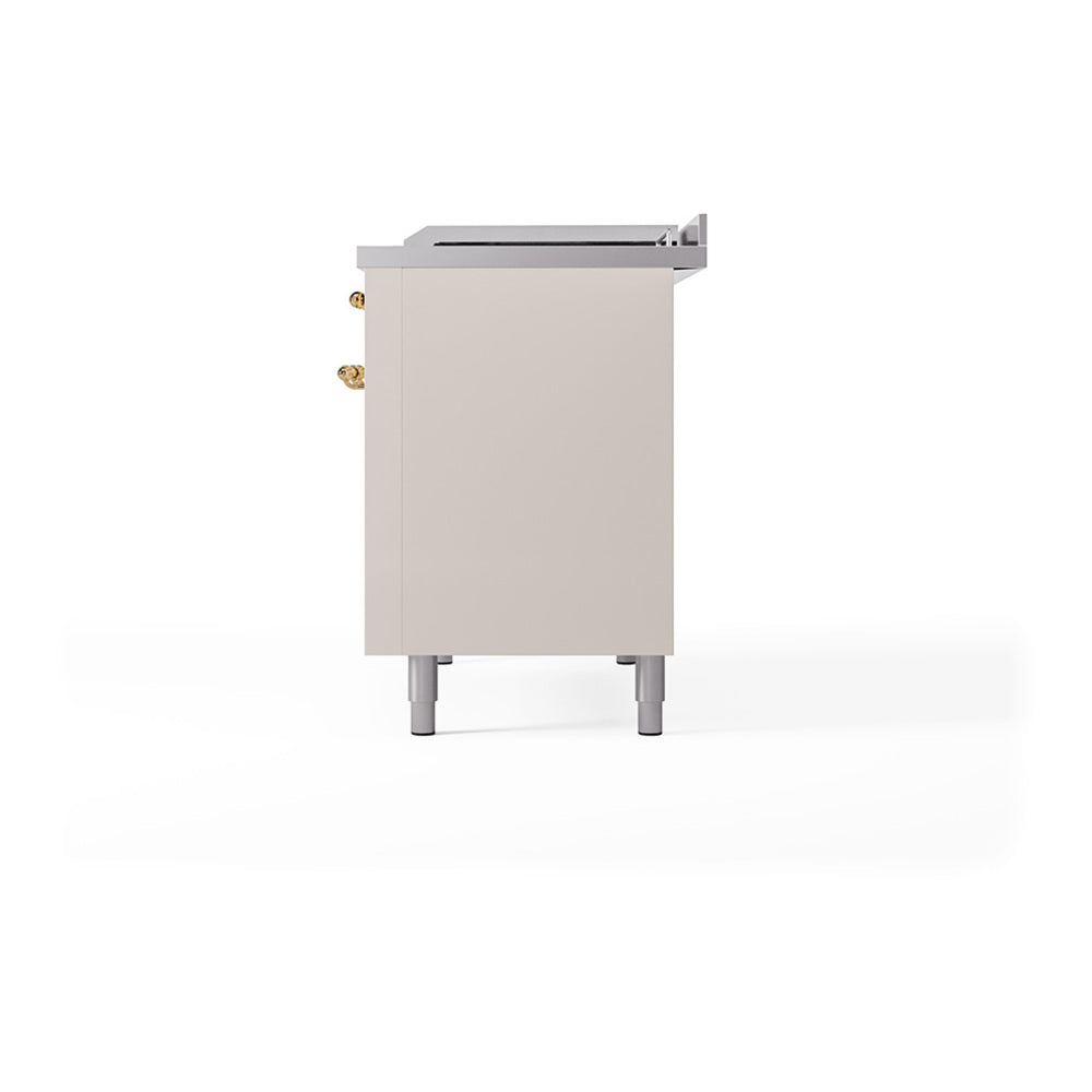 ILVE Nostalgie II Noblesse 48-Inch Dual Fuel Freestanding Range with Solid Door Oven in Antique White with Brass Trim (UN48FQNMPAWGLP)