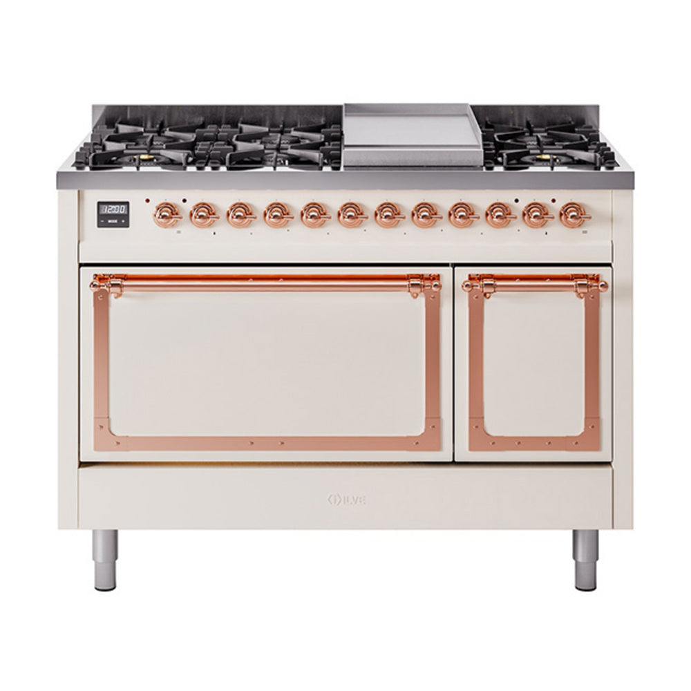 ILVE Nostalgie II Noblesse 48-Inch Dual Fuel Freestanding Range with Solid Door Oven in Antique White with Copper Trim (UN48FQNMPAWPLP)