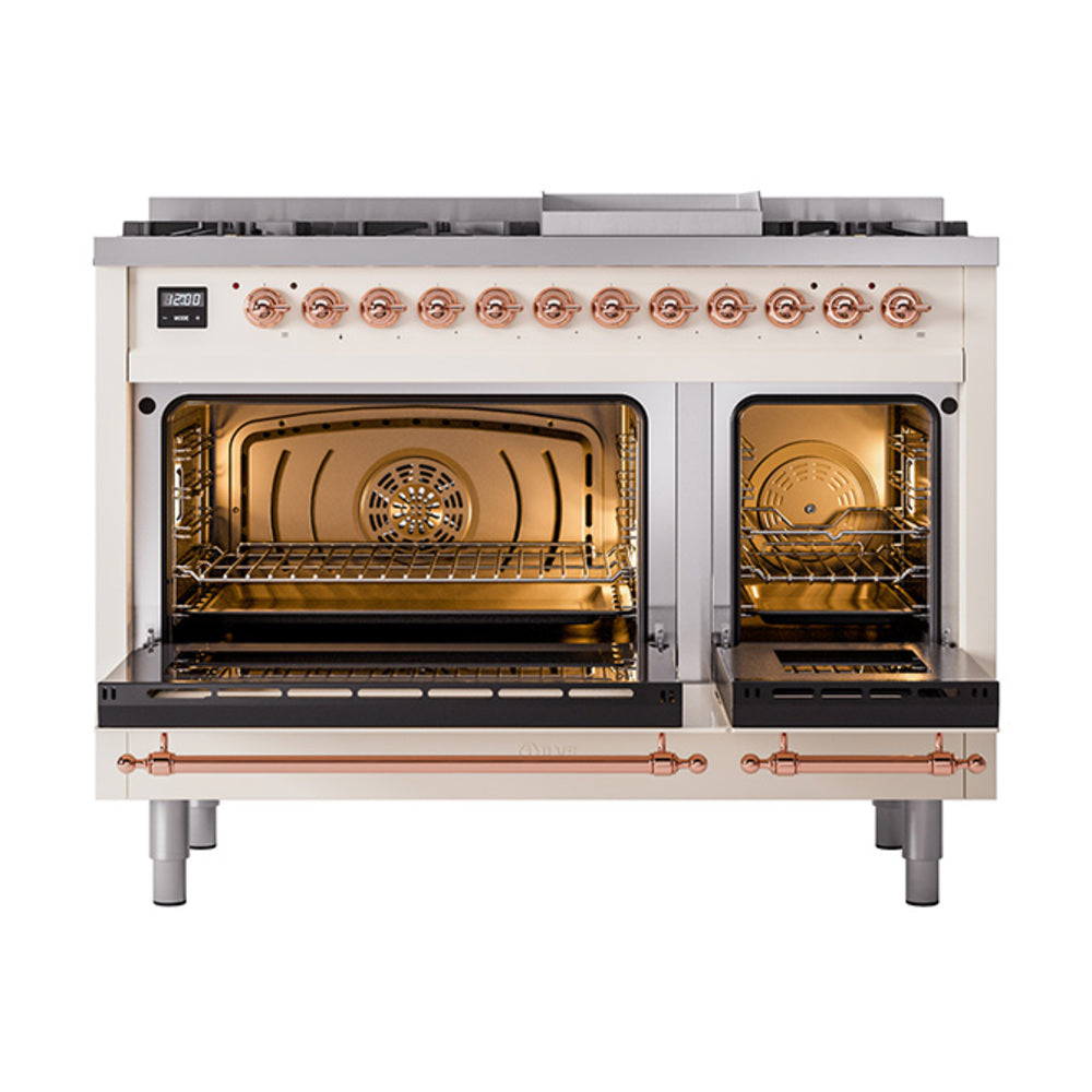 ILVE Nostalgie II Noblesse 48-Inch Dual Fuel Freestanding Range with Solid Door Oven in Antique White with Copper Trim (UN48FQNMPAWPLP)
