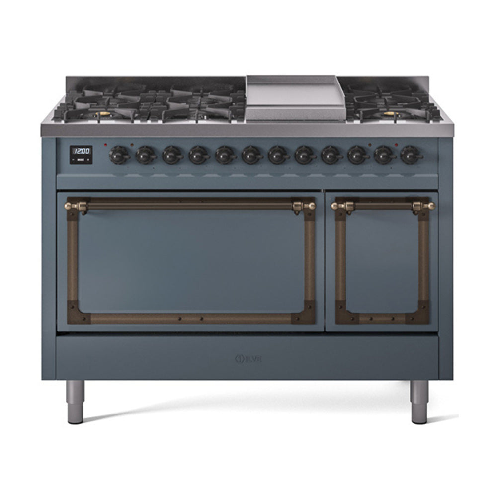 ILVE Nostalgie II Noblesse 48-Inch Freestanding Dual Fuel Range, Solid Door, Blue Grey with Burnished Bronze Trim (UN48FQNMPBGBLP)