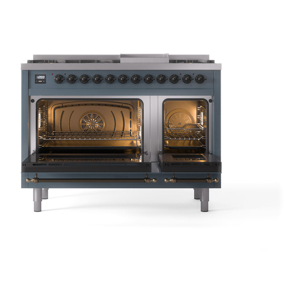 ILVE Nostalgie II Noblesse 48-Inch Freestanding Dual Fuel Range, Solid Door, Blue Grey with Burnished Bronze Trim (UN48FQNMPBGBLP)