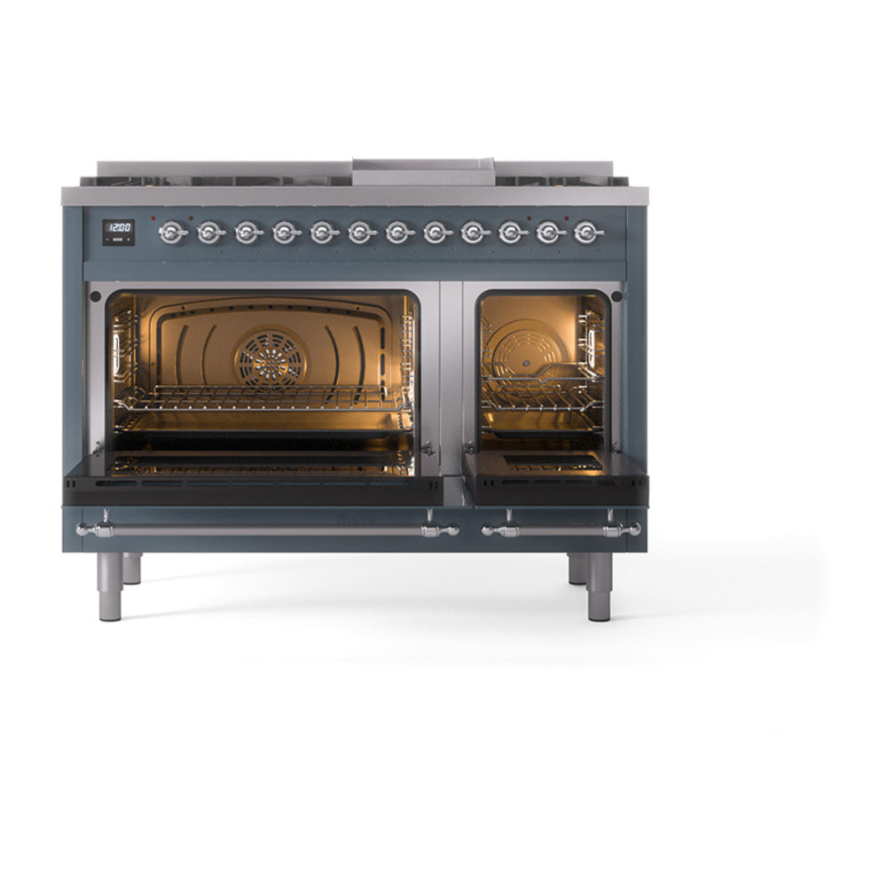 ILVE Nostalgie II Noblesse 48-Inch Dual Fuel Freestanding Range with Solid Door Oven in Blue Grey with Chrome Trim (UN48FQNMPBGCLP)