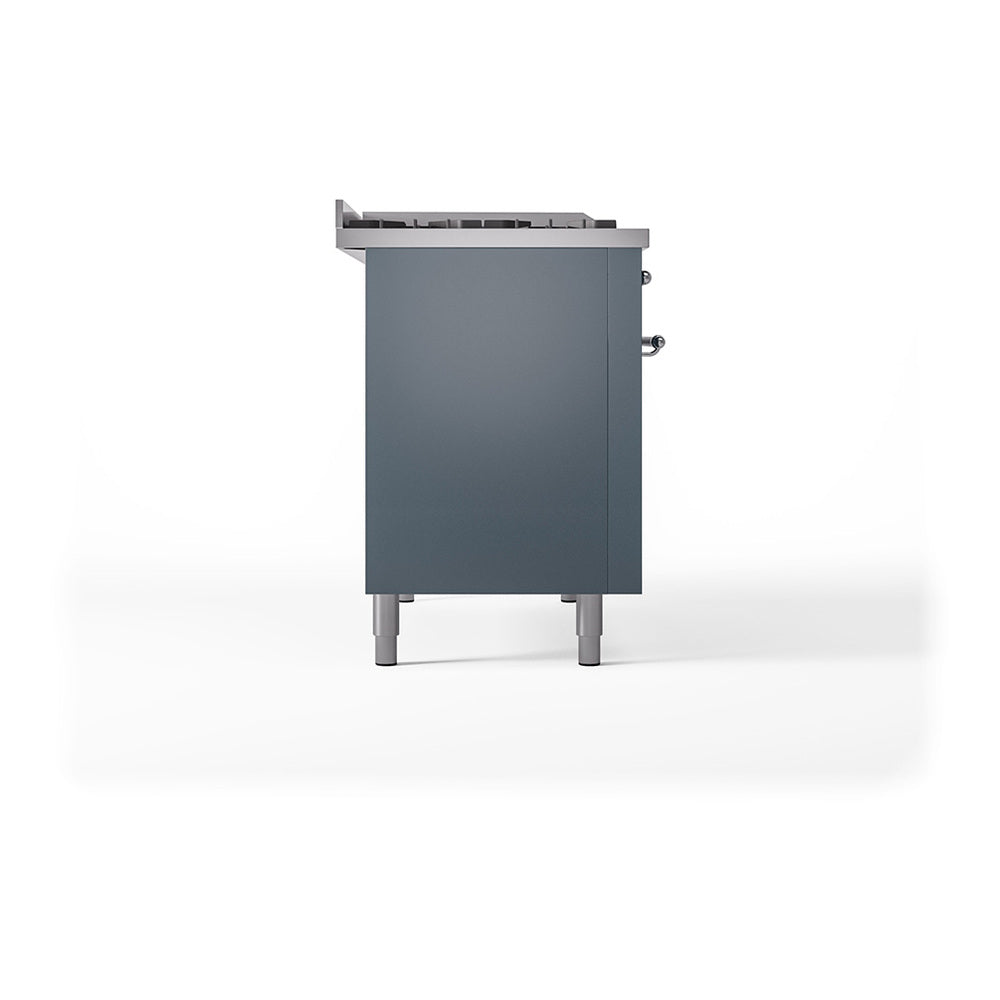 ILVE Nostalgie II Noblesse 48-Inch Dual Fuel Freestanding Range with Solid Door Oven in Blue Grey with Chrome Trim (UN48FQNMPBGCLP)