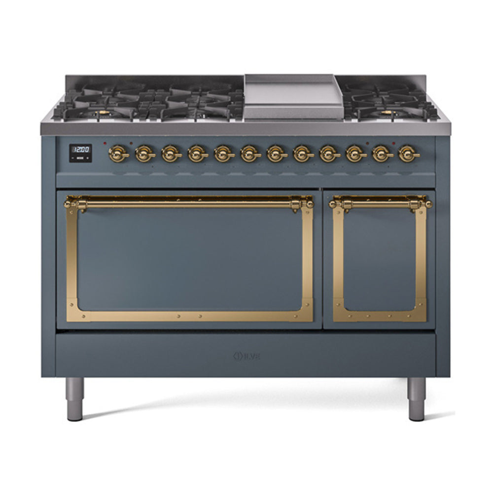 ILVE Nostalgie II Noblesse 48-Inch Freestanding Dual Fuel Range, Solid Door, Blue Grey with Brass Trim (UN48FQNMPBGGLP)