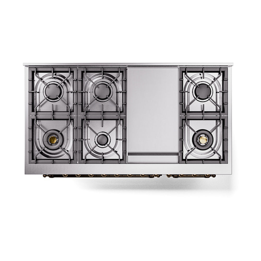 ILVE Nostalgie II Noblesse 48-Inch Dual Fuel Freestanding Range with Solid Door Oven in Glossy Black with Burnished Bronze Trim (UN48FQNMPBKBLP)