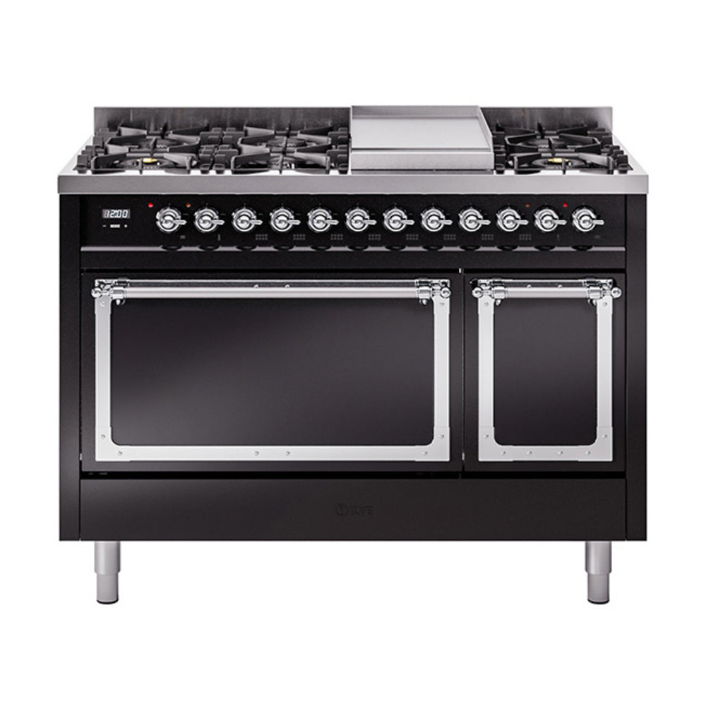 ILVE Nostalgie II Noblesse 48-Inch Dual Fuel Freestanding Range with Solid Door Oven in Glossy Black with Chrome Trim (UN48FQNMPBKCLP)