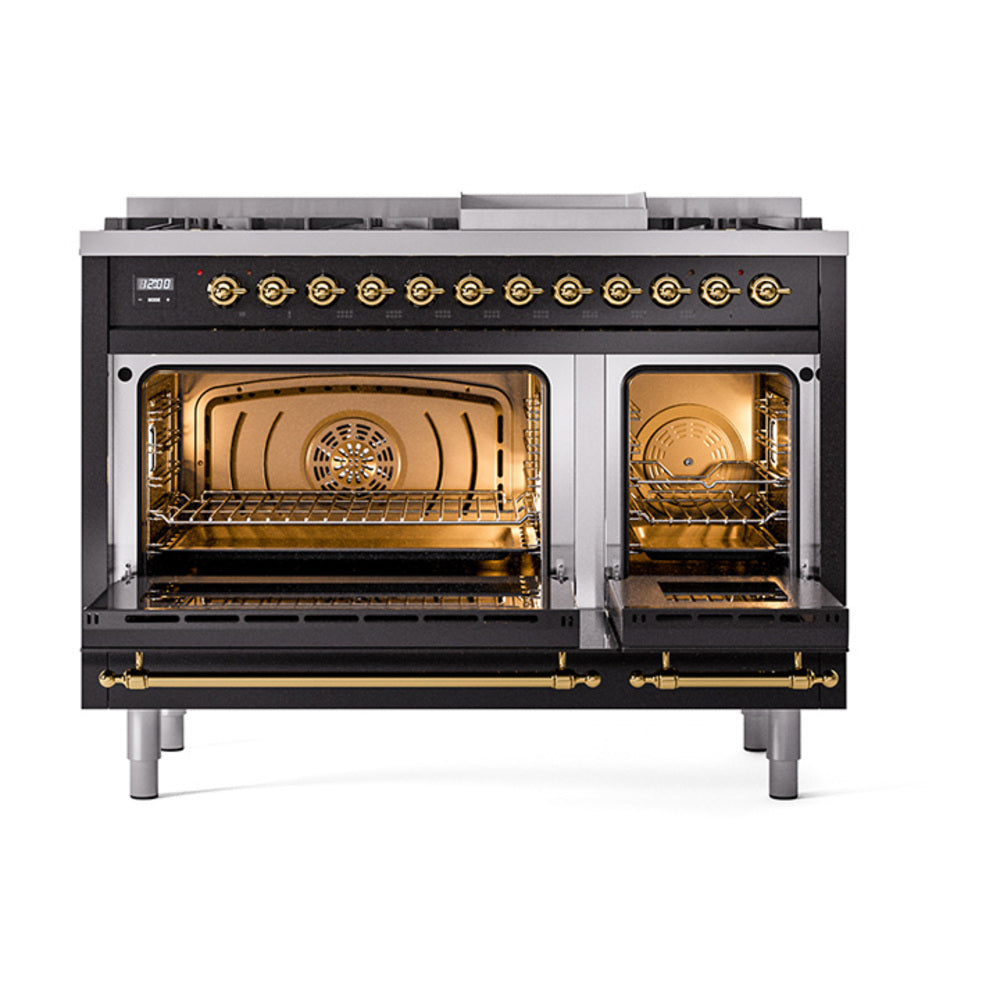 ILVE Nostalgie II Noblesse 48-Inch Dual Fuel Freestanding Range with Solid Door Oven in Glossy Black with Brass Trim (UN48FQNMPBKGLP)