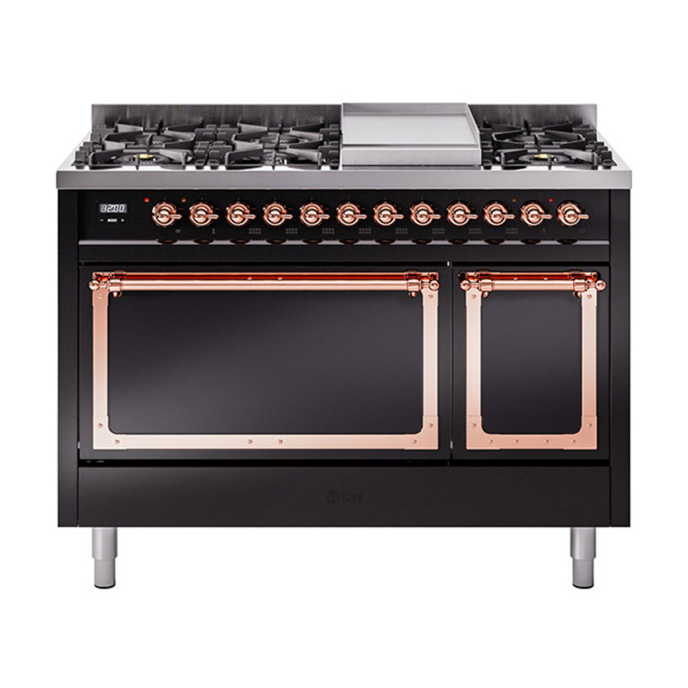 ILVE Nostalgie II Noblesse 48-Inch Freestanding Dual Fuel Range, Solid Door, Glossy Black with Copper Trim (UN48FQNMPBKPLP)