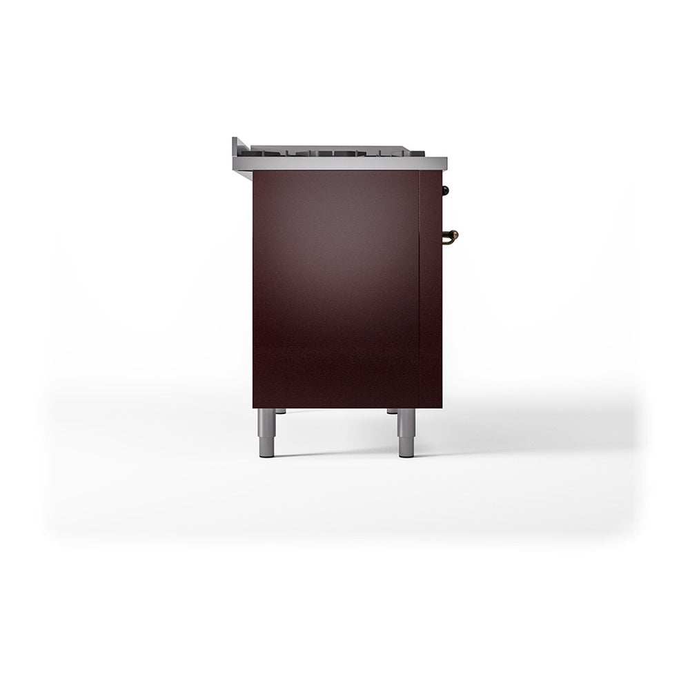 ILVE Nostalgie II Noblesse 48-Inch Freestanding Natural Gas Dual Fuel Range with Solid Door Oven in Burgundy with Burnished Bronze Trim (UN48FQNMPBUB)