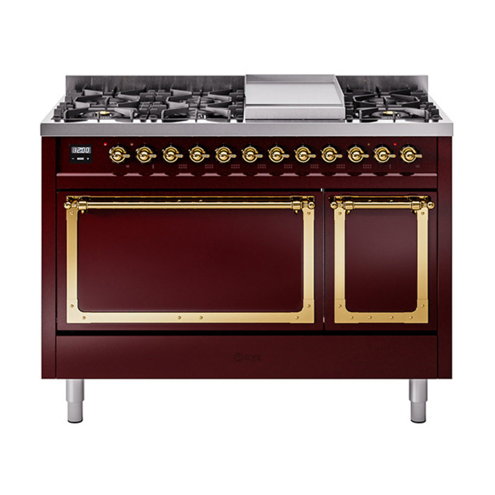ILVE Nostalgie II Noblesse 48-Inch Freestanding Natural Gas Dual Fuel Range with Solid Door Oven in Burgundy with Brass Trim (UN48FQNMPBUG)