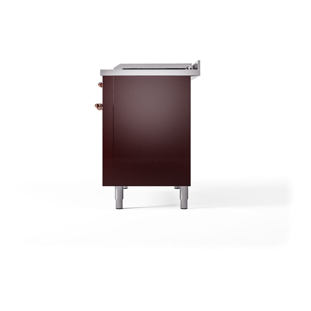ILVE Nostalgie II Noblesse 48-Inch Dual Fuel Freestanding Range with Solid Door Oven in Burgundy with Copper Trim (UN48FQNMPBUPLP)